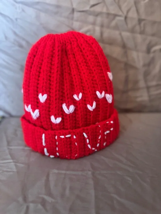 Handmade Crochet ribbed Beanie Hat with White Heart Accents - Picture 4 of 4